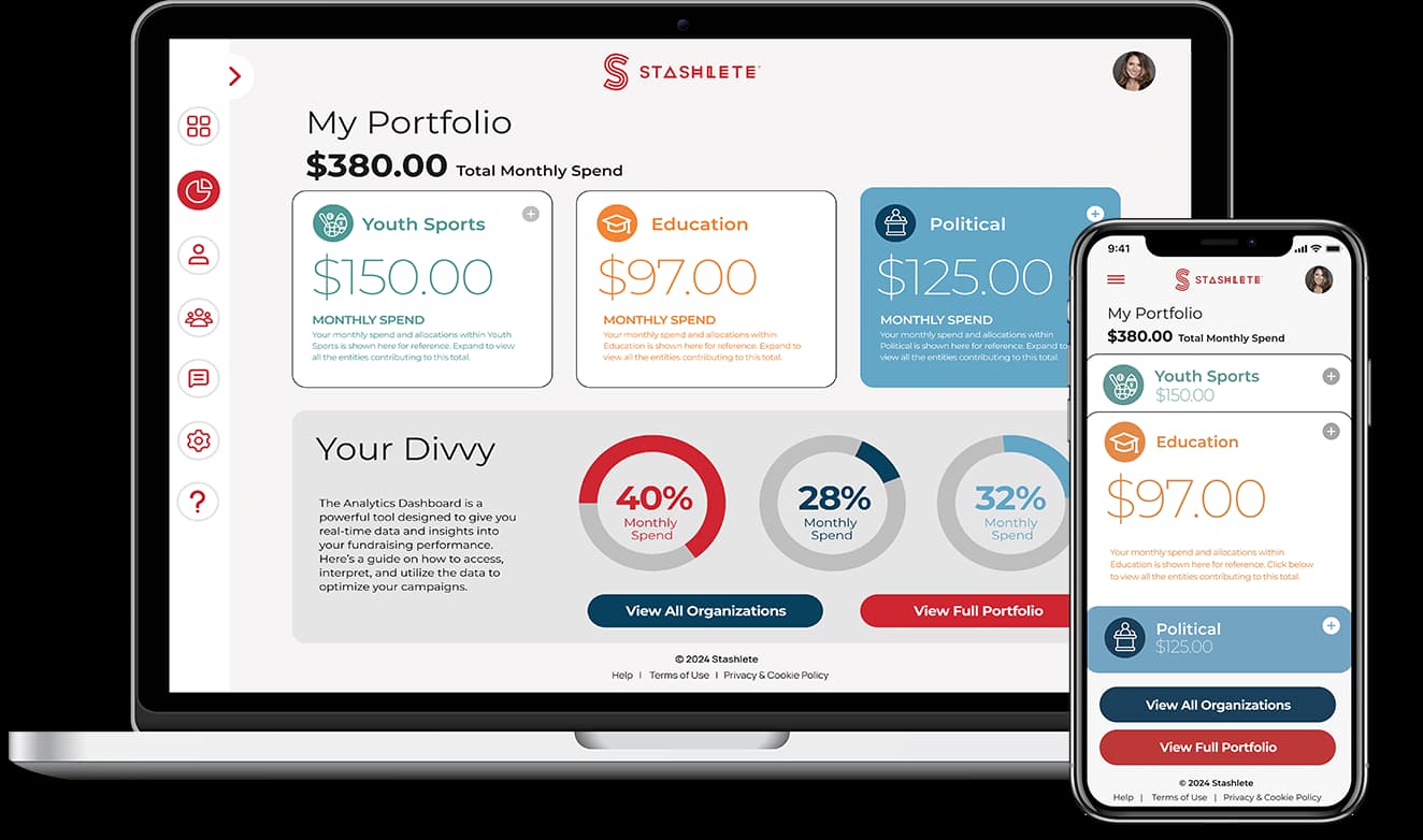 Laptop and phone with Stashlete application open. Both devices are showing the portfolio page which includes the amount of money the user has contributed to various charities.