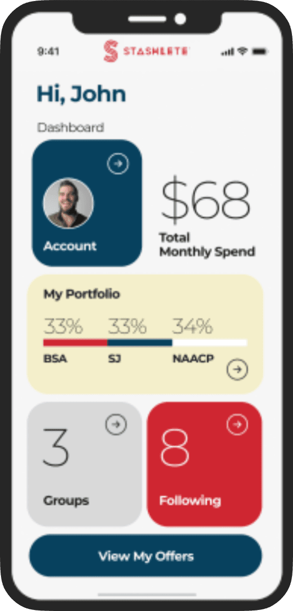 iPhone with Stashlete dashboard showing the user's montly spend