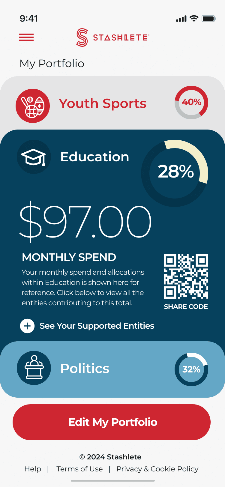 iPhone with Stashlete dashboard showing the user's montly spend